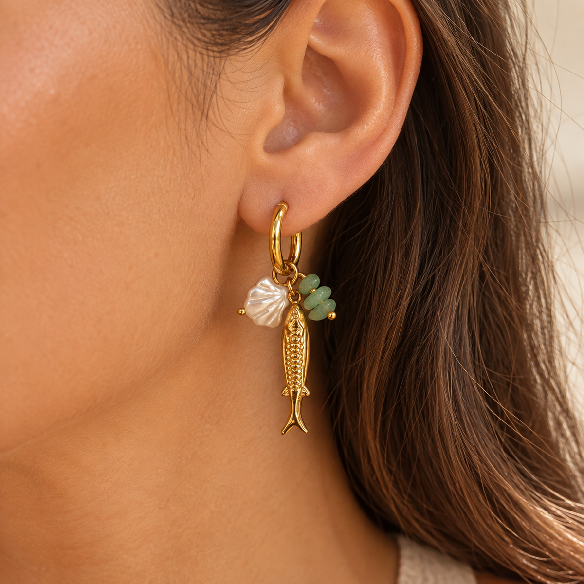 Golden Fish & Shell Earrings
