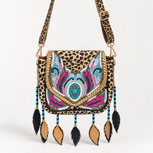 Leopard Boho Leather Crossbody Bag