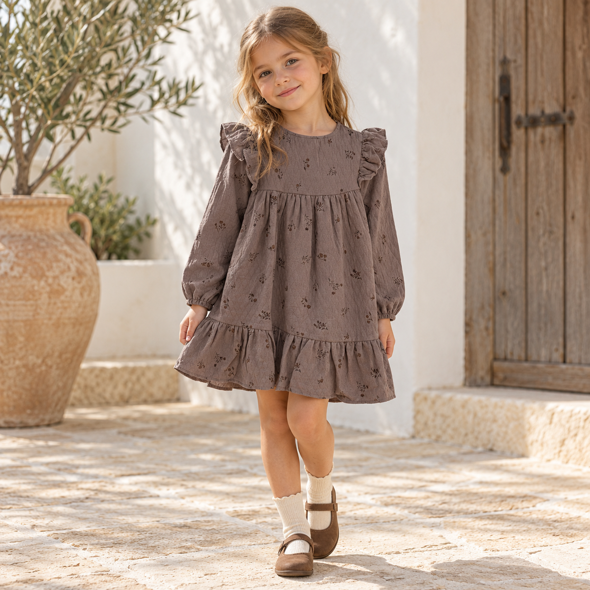 Newness Floral Ruffle Jurk Taupe