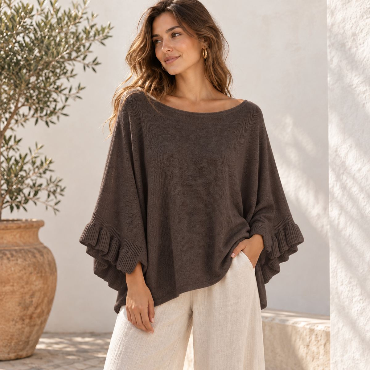 Ruffle Sleeve Poncho Knit
