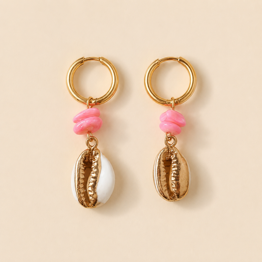 Cowrie Charm Hoops – Pink