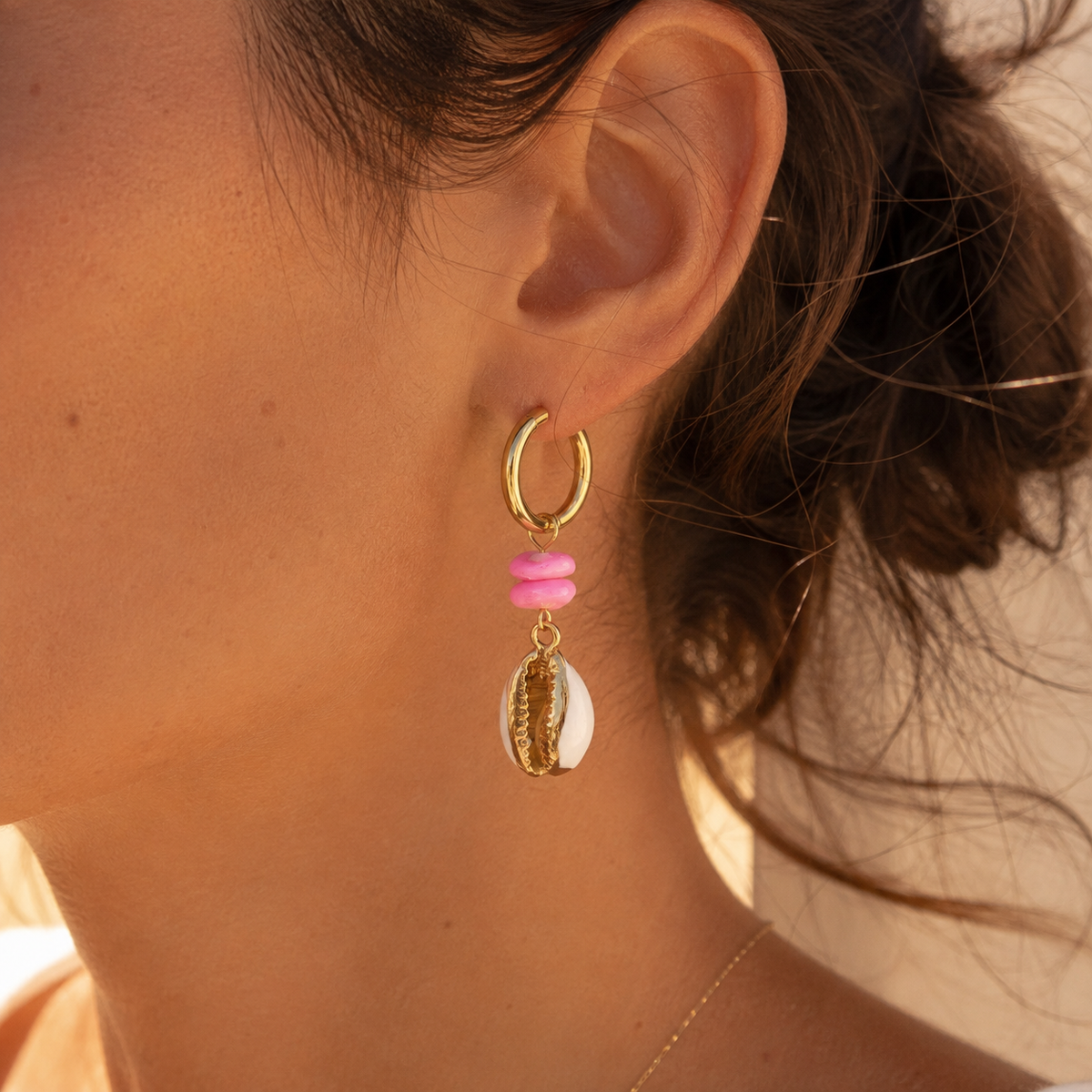 Cowrie Charm Hoops – Pink