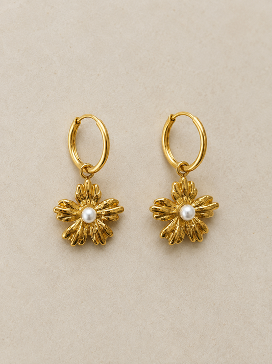 Golden Daisy Hoops – Pearl