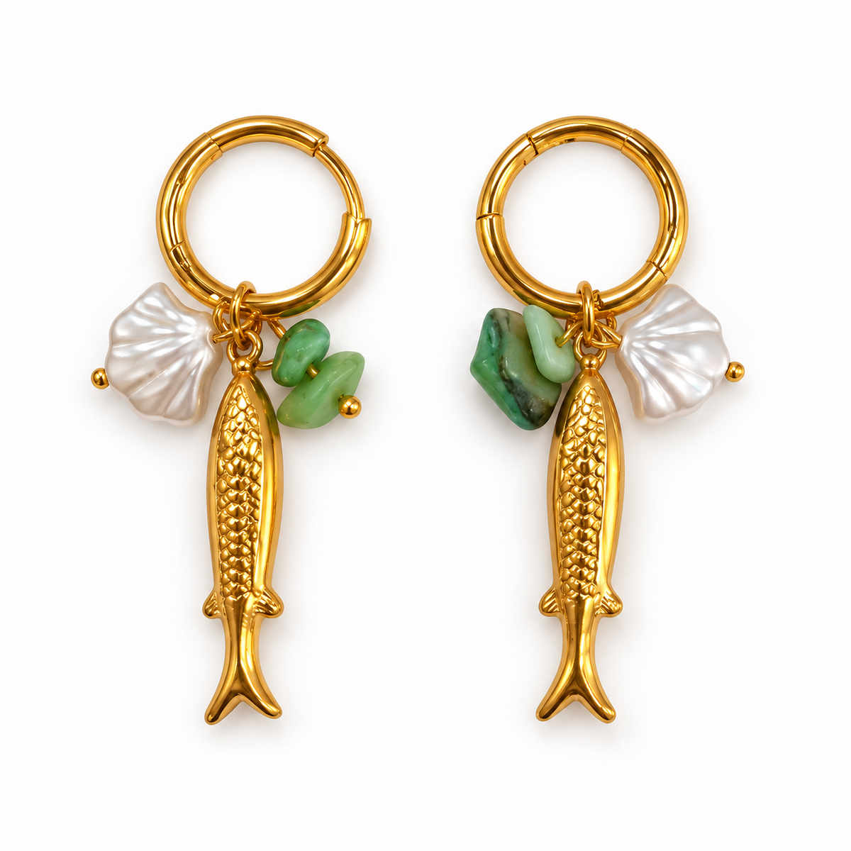 Golden Fish & Shell Earrings