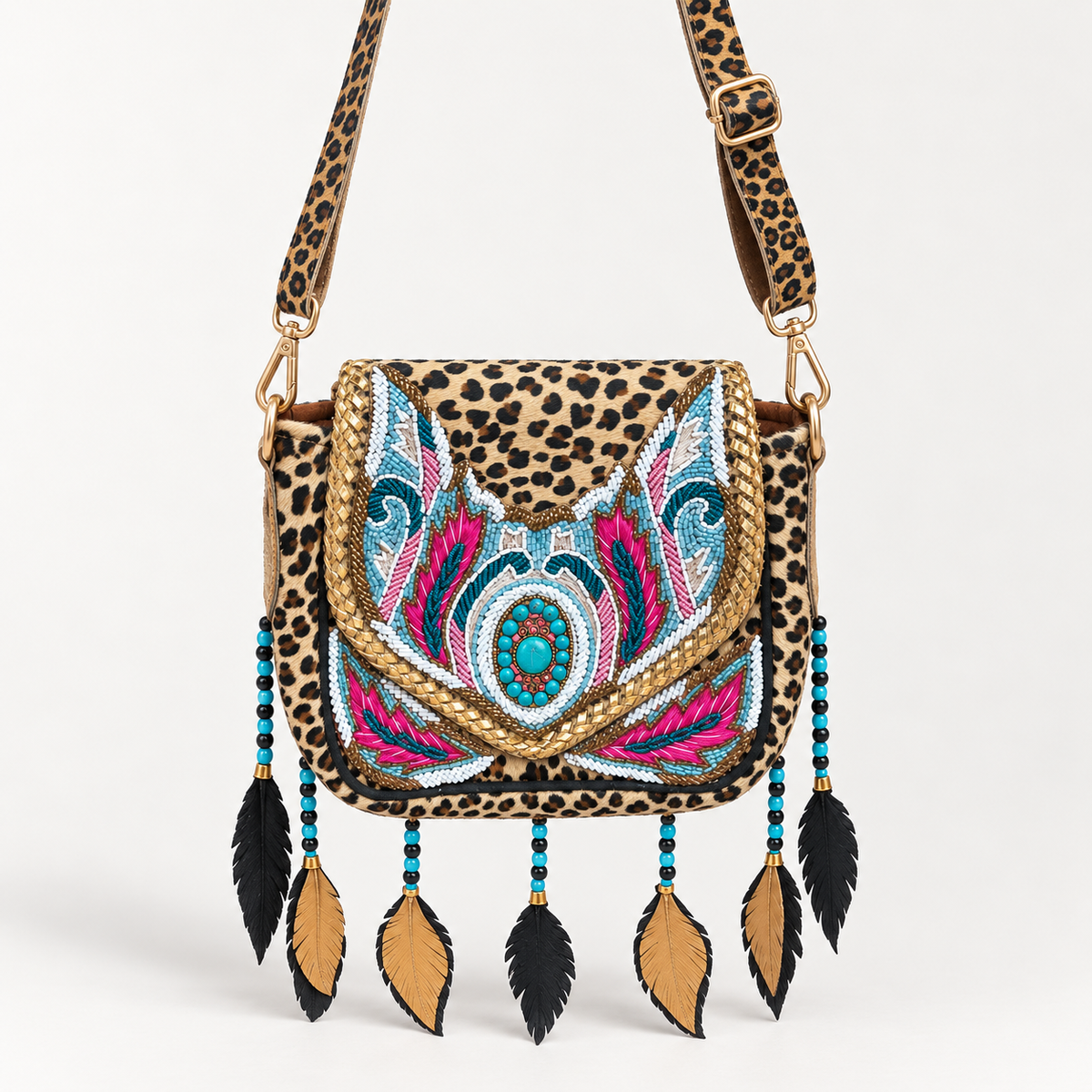 Leopard Boho Leather Crossbody Bag