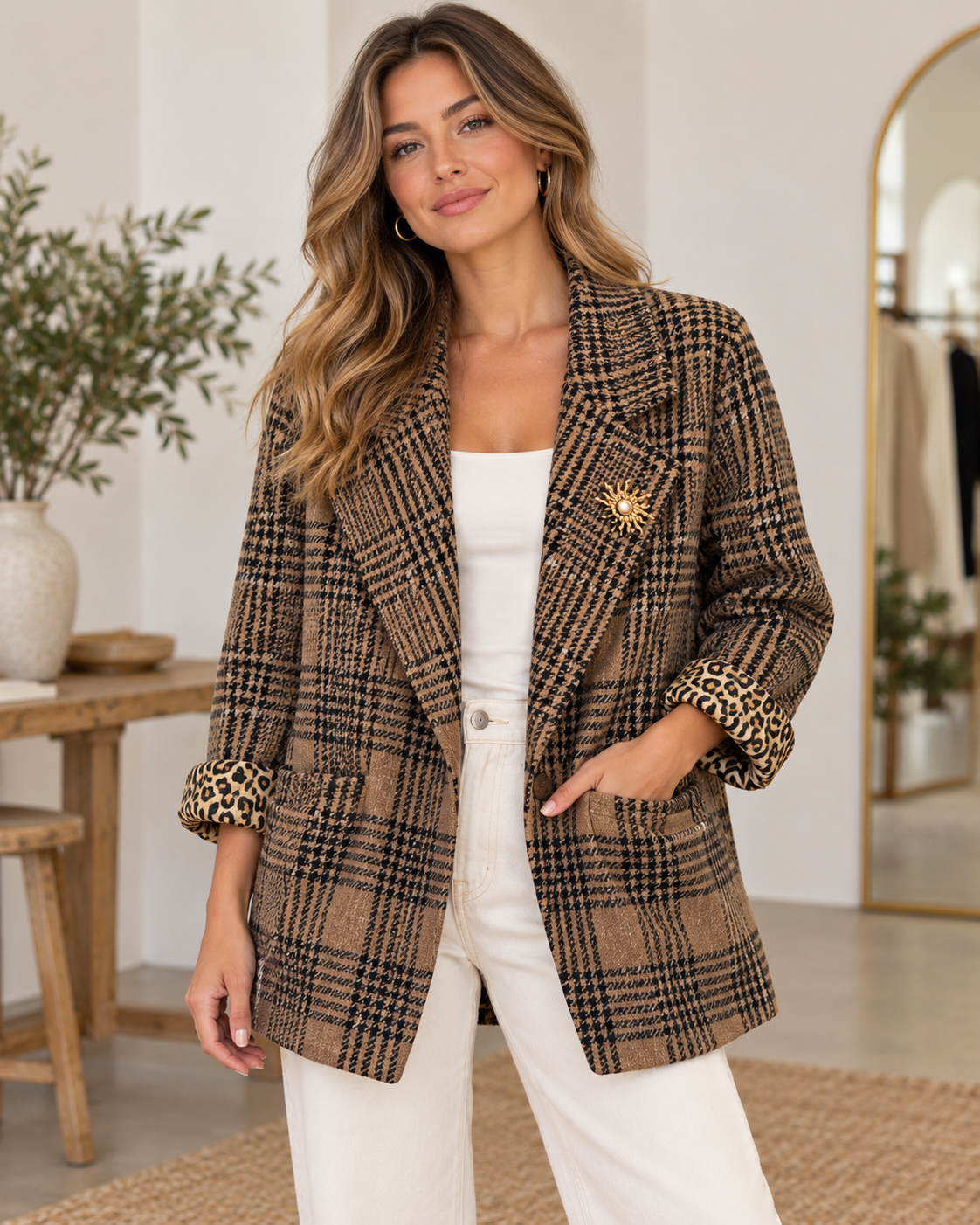 Leopard Lined Check Blazer