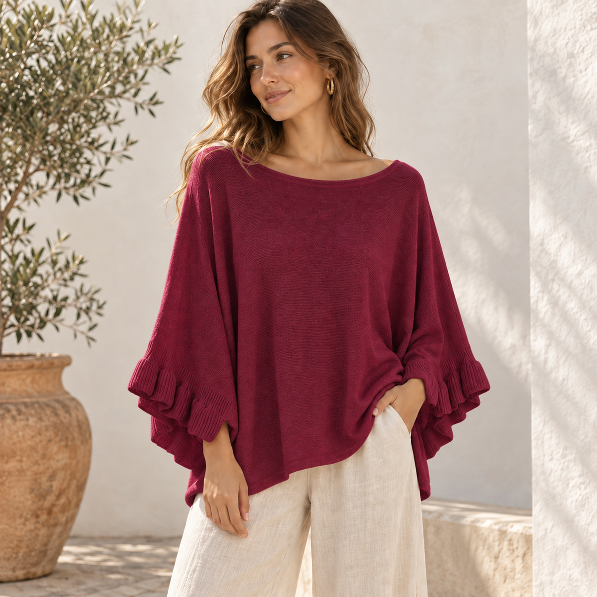 Ruffle Sleeve Poncho Knit