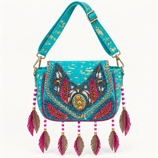 Turquoise Boho Leren Schoudertas