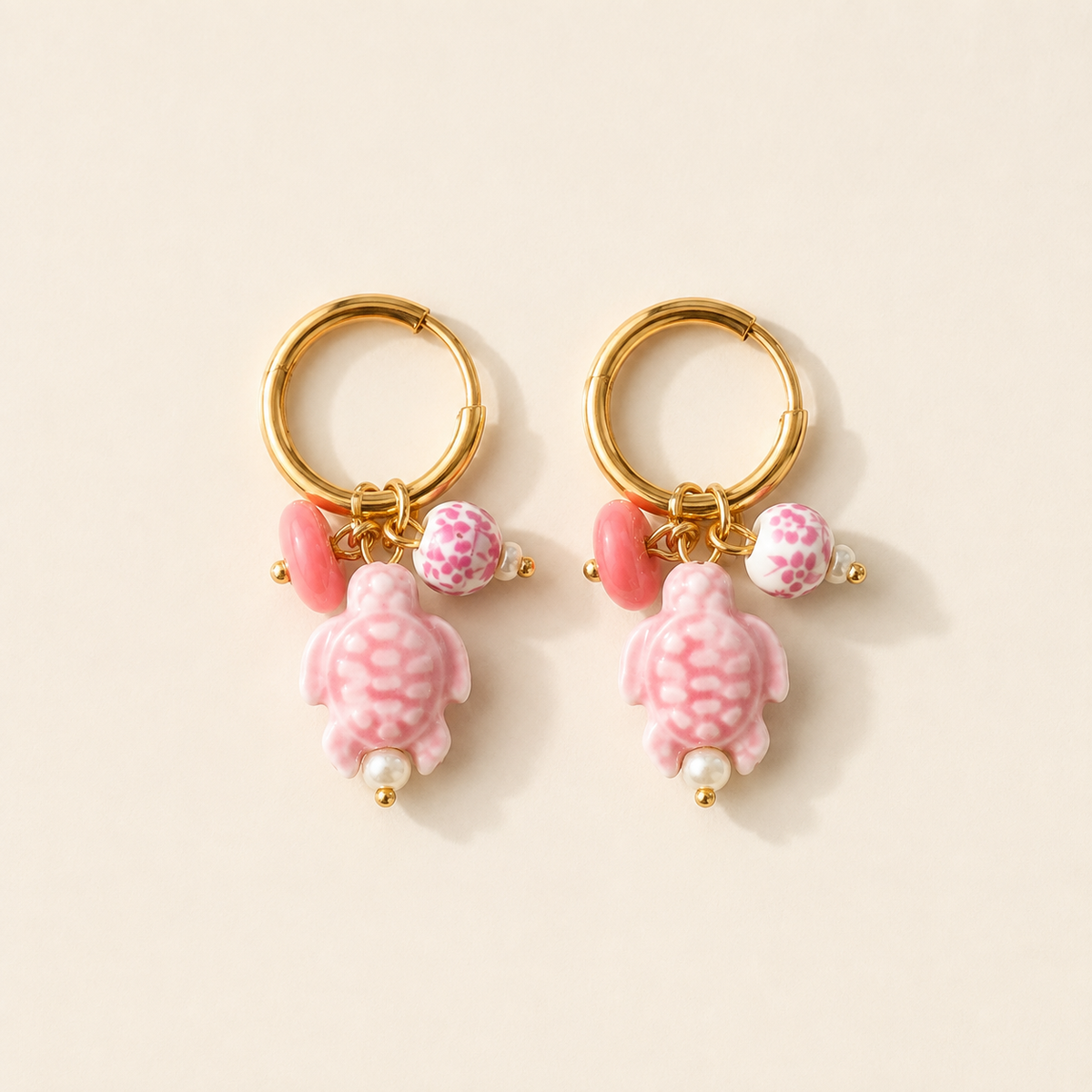 Turtle Charm Hoops – Pink