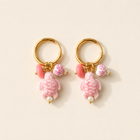 Turtle Charm Hoops – Pink
